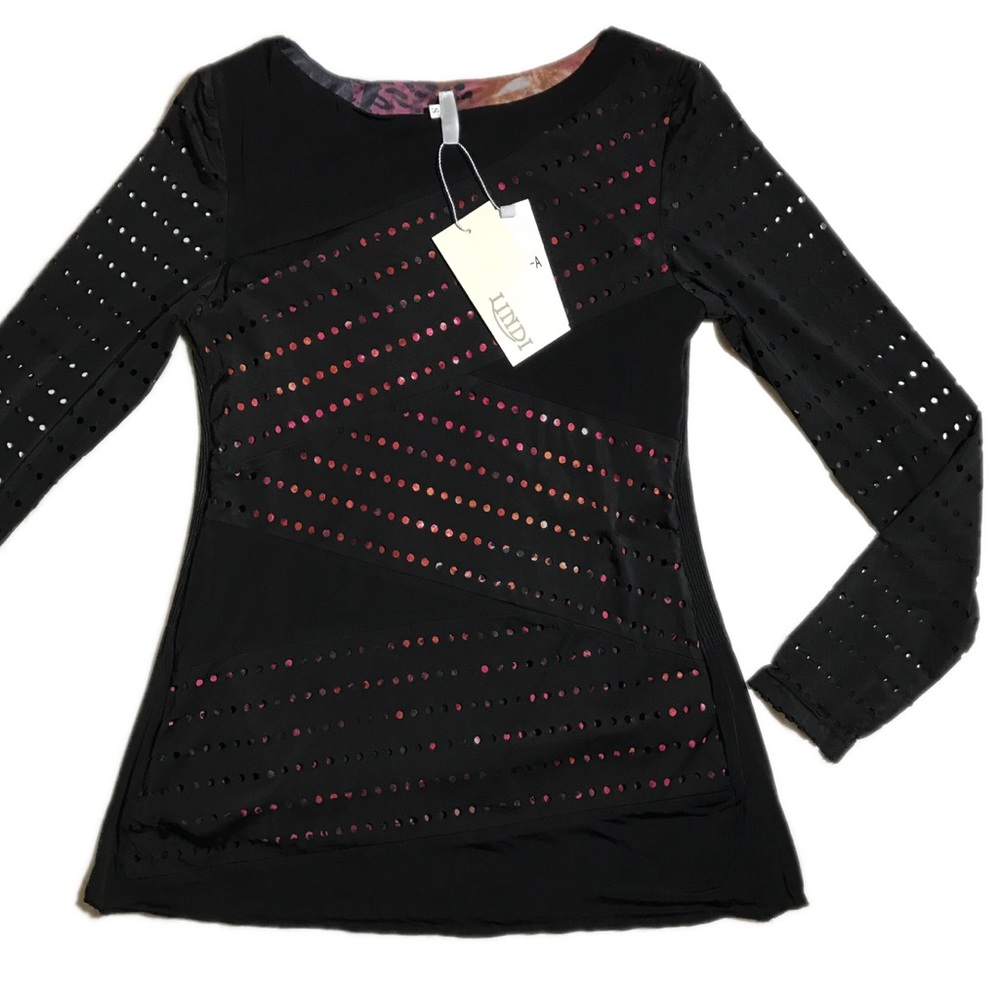 LINDI Black Perforated Long Sleeve Blouse NWT S
